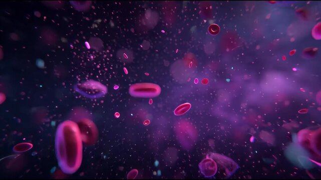 3D Animation of Cat Spleen Immune Cell Activity with Violet and Cyan Glowing Particles