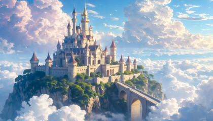 Fototapeta premium Majestic Fantasy Castle Above the Clouds on a Mountain Cliff with Stone Bridge
