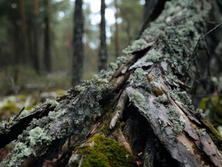 Fototapeta premium Close-up view of moss-covered tree bark and fallen logs in a dense forest with blurred trees and foliage in the background