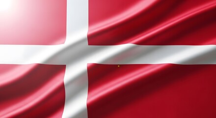 Fototapeta premium A waving Danish national flag, featuring its iconic red field and white Scandinavian cross, illuminated by a soft light.