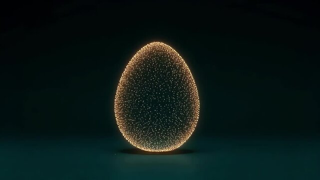 Abstract golden egg shape composed of glowing particles slowly rotating against a dark, reflective background, representing concepts of creation, technology, birth, and new beginnings
