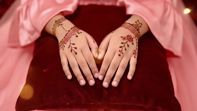 Hands with henna patterns resting on red velvet pillow