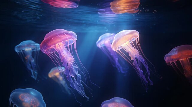 Serene deepsea scene of glowing jellyfish with trailing tentacles in motion