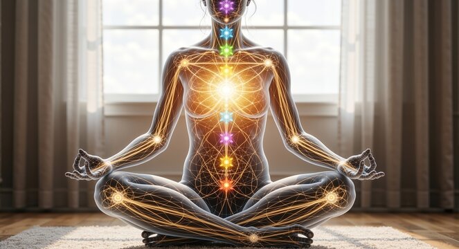 Meditation silhouette with glowing chakra points and energy lines. Woman in lotus pose representing mindfulness and spiritual wellness. Yoga and energy healing concept