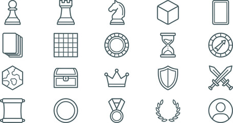 Minimalist vector outline icons for board games, role-playing games, and strategy concepts © NeoVector