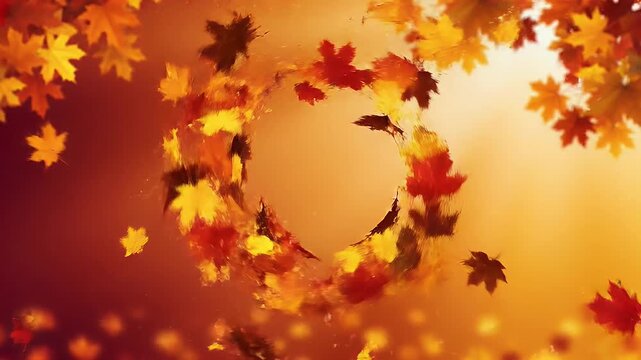 Swirling vortex of autumnal maple leaves in fiery reds and oranges