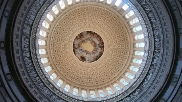 Rotating view of the mesmerizing dome inside of US Capitol in Washington, DC. Capitol's cast-iron dome is among the oldest such structures in the world