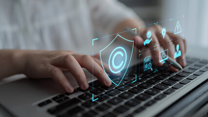 Digital copyright protection system showing secure ownership, intellectual property rights, content...