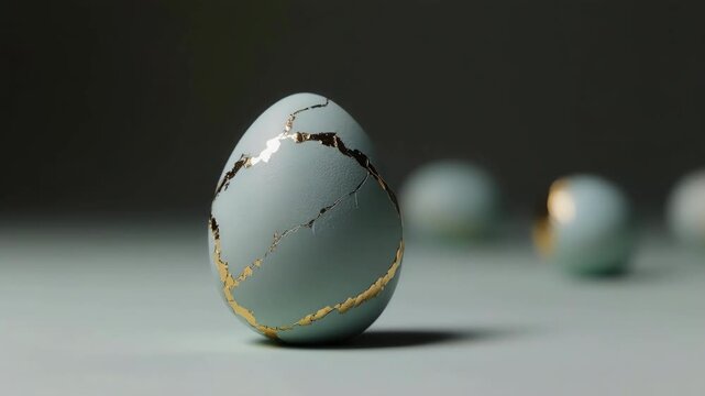 Beautiful light blue easter egg with golden cracks, inspired by the japanese kintsugi art, rotating with other elegant eggs blurred in the background, symbolizing rebirth and spring