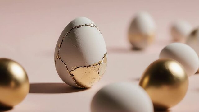 Beautiful easter composition with a white egg repaired with gold, inspired by the japanese kintsugi technique, rotating with other golden and white eggs in a soft pink, pastel colored setting