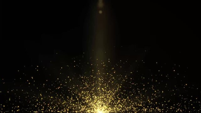 Golden glitter particle, Particles Explosion. Abstract circular golden sparkle glitter bokeh flowing movement, congratulation greeting party, sparks magic dust forming, light rays. 4k