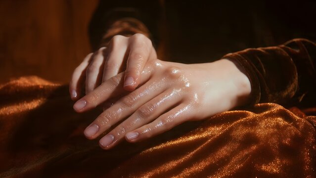 Sensual Oiled Hands on Shimmering Copper Fabric