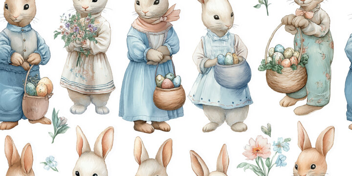 Vintage Easter Bunnies in Blue Outfits Seamless Pattern.