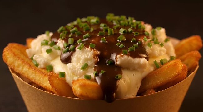 Close up shot of mouth watering classic poutine with rich brown gravy
