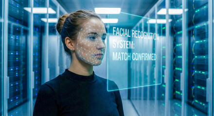 Concept portrait of a young woman looking at a transparent digital screen displaying her facial wireframe during a biometric security scan