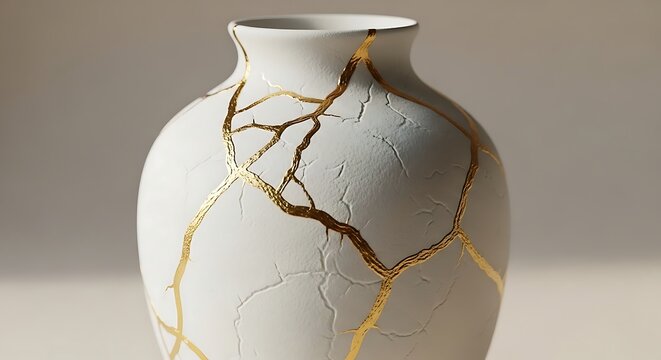 Textured white porcelain kintsugi gold cracks elegant