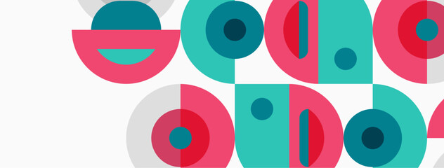 Obraz premium Abstract geometric shapes, circles, semicircles. Teal, pink, gray colors dominate composition. Minimalist design, modern aesthetic.