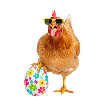 A chicken wearing sunglasses next to an easter egg
