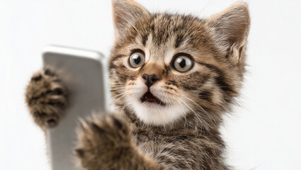 Smartphone shocked meme cat with copy space on white background  cat-meme_1310