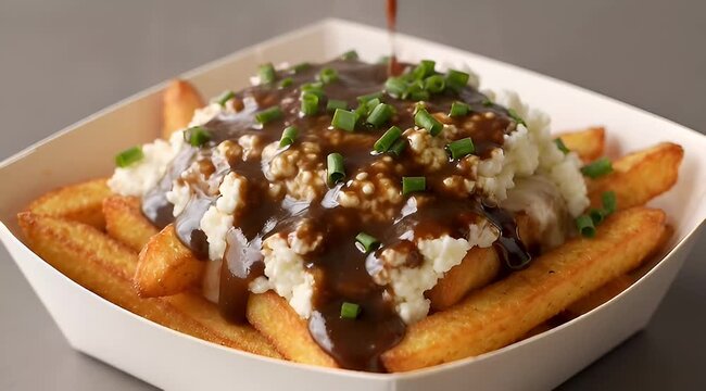 A luscious poutine delight in a white paper bowl, gravy being poured