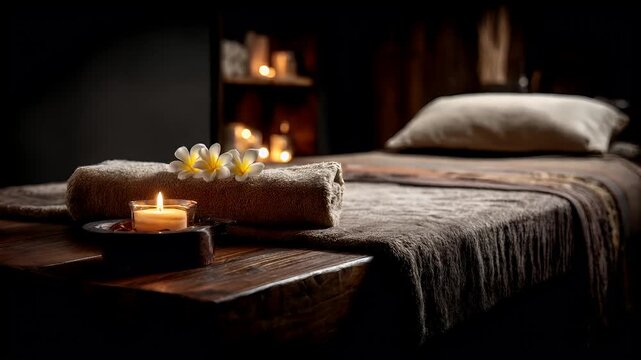 Therapy stress release treatment, health lifestyle. A tranquil spa setting with a bed adorned with towels and a candle placed on top of it.
