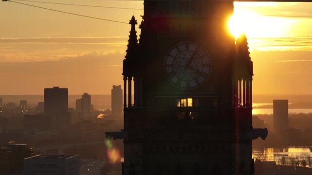 Peace tower close up aerial view of clock golden hour Ottawa Parliament