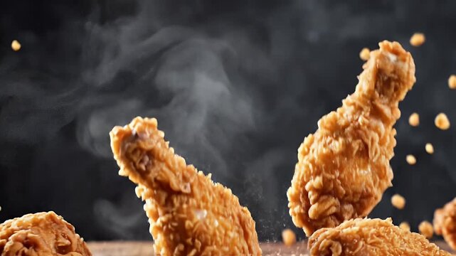 Crispy fried chicken pieces and crumbs suspended in motion