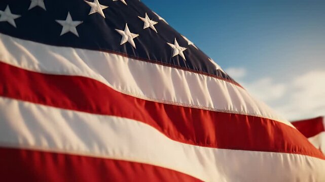 A close-up, fluttering depiction of the national banner against a bright sky