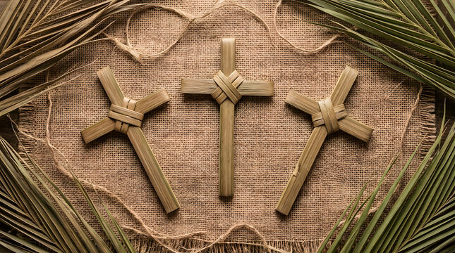 Palm Sunday Christian Event Advertisement with Palm Leaf Crosses on Rustic Background Palm Sunday
