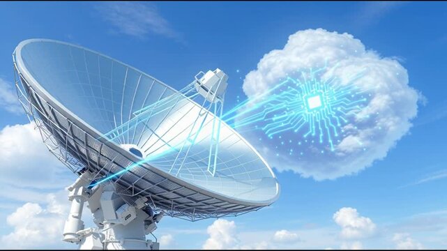 Large Satellite Dish Transmitting Signals to Cloud Formations in a Bright Blue Sky