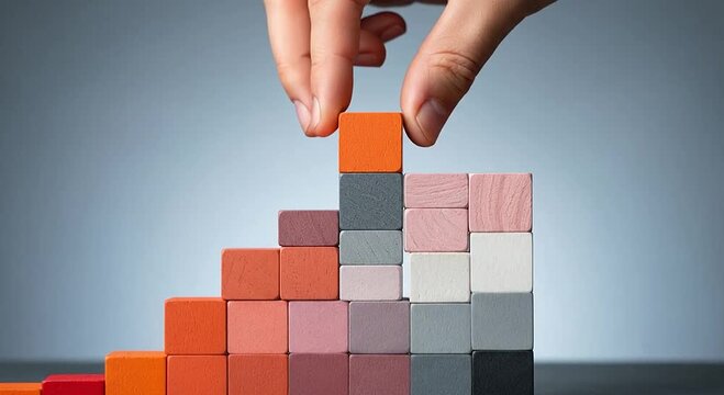 Hand building a colorful block graph, placing an orange block on the ascending stack