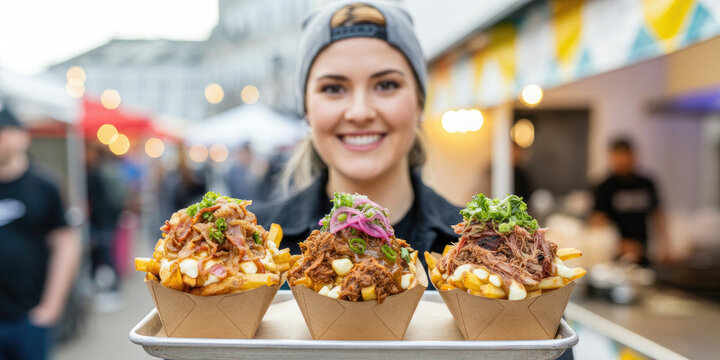 Smiling street food vendor holds a tray with three loaded poutine bowls topped with pulled meat, cheese curds, gravy and garnishes