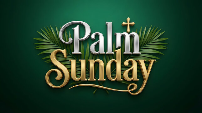Palm Sunday text with palm leaves on green background for Palm Sunday promotion