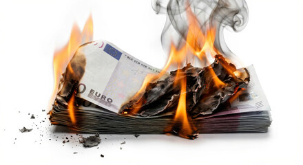 Stack of Euro Bills on Fire Isolated on White Background
