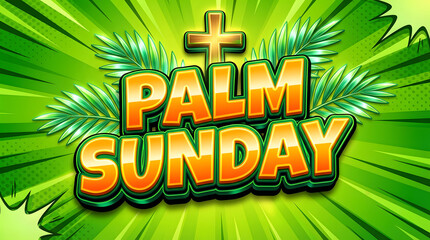 Palm Sunday bold orange text with cross and palm leaves on green Palm Sunday Advertisement Text