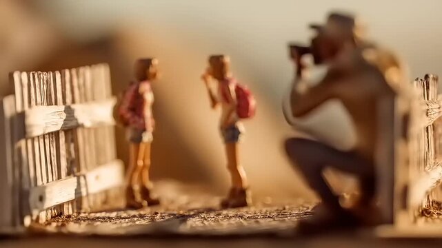 Miniature world capturing candid moments between two figures as a photographer focuses on their interactions