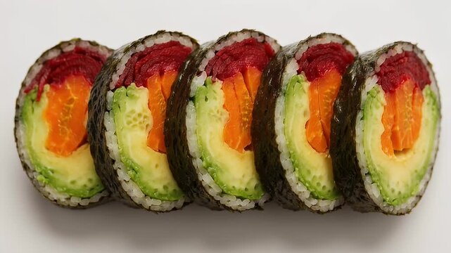 Close up of vibrant vegetable sushi rolls with nori seaweed wrap