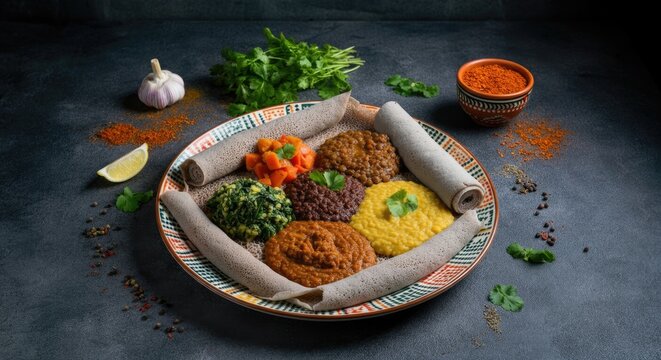 Colorful Ethiopian injera platter with assorted stews, lentils, greens, spices and garnishes on a patterned plate