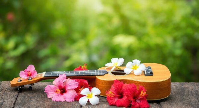 Wooden ukulele adorned with hibiscus and plumeria flowers on a rustic table, tropical outdoor bokeh background and a summery, relaxed musical vibe
