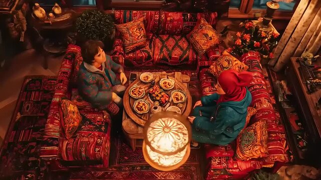 Authentic cultural gathering: A cozy scene with warm tones and traditional patterns for sharing food or drinks together