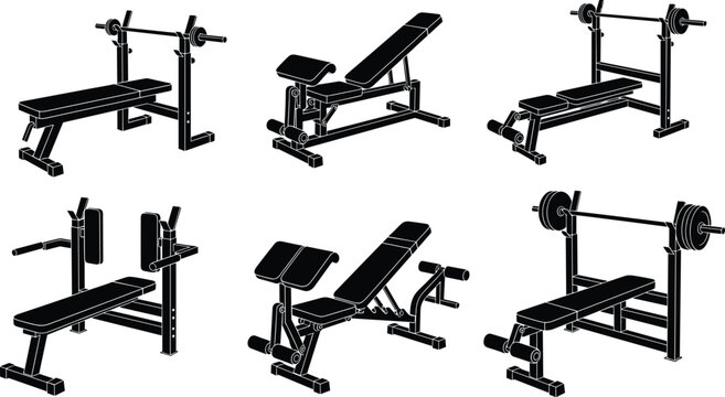 Gym bench silhouettes vector set, workout stations, strength training equipment, bench press, incline bench, leg curl, extension machine illustration design