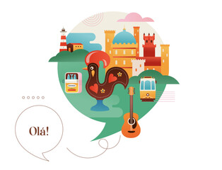 Portugal touristic attractions, landmarks and symbols colorful banner, poster and postcard background. © Marina Zlochin