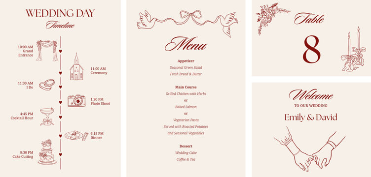 Wedding Invitations and stationary set. Hand drawn whimsical illustrations. Wedding timeline and table number elegant romantic design.