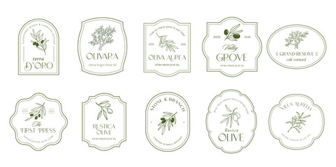 Vintage hand drawn olive old labels, badges and minimalist logos.
