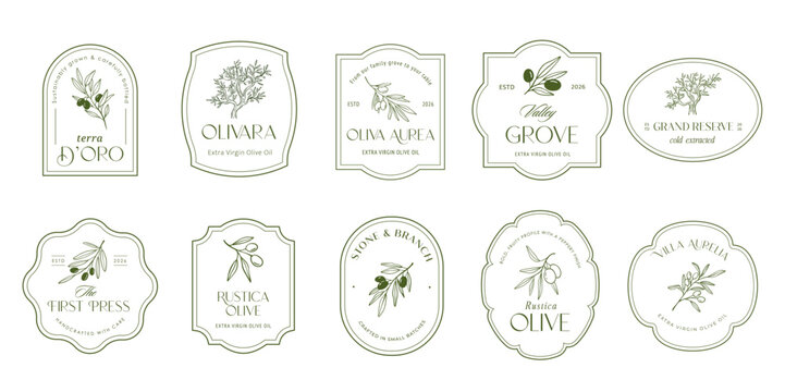 Vintage hand drawn olive old labels, badges and minimalist logos.