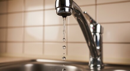 Close-up of a chrome faucet with water dripping. Kitchen setting with tiled backdrop