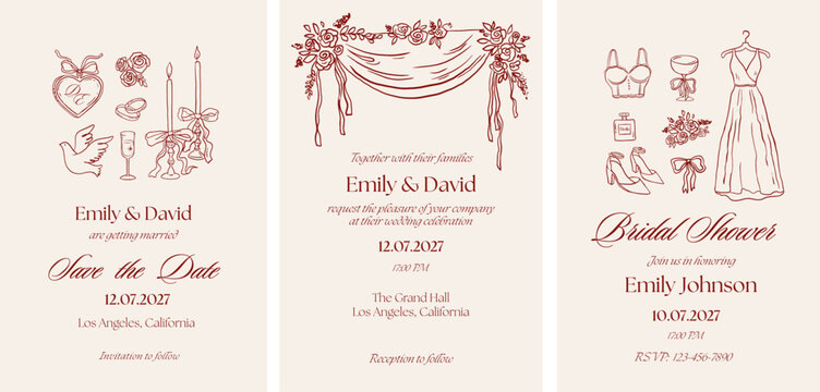 Vintage wedding Invitations, Save the date, bridal shower, wedding stationary set. Hand drawn whimsical wedding illustrations. Elegant romantic design