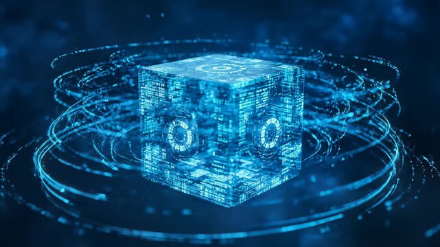 Abstract Cube of Technological Innovation: A captivating illustration of a glowing cube, the heart of technological marvel, with luminous lines and circular forms around it. 