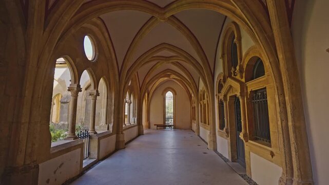 Gothic Cloister Walkway with Vaulted Arches in Neuch&acirc;tel, Switzerland.Filmed on September 17, 2025.