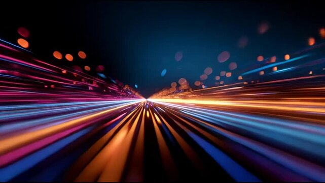 Vibrant lights streaking down a dark tunnel from a central vanishing point, creating a dynamic motion effect